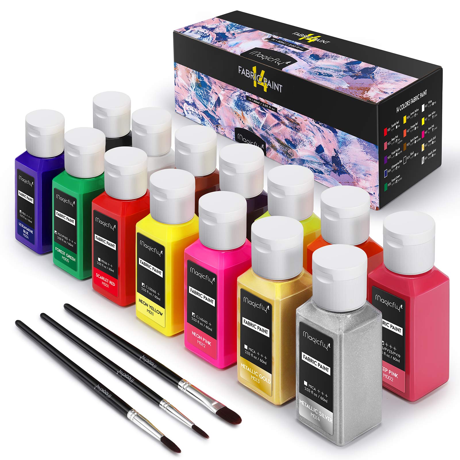 Permanent 3D Fabric Paint Set with 24 Colors (30ml), 5 Brushes, Canvas Bag,  5 Sticker Stencils Sheets for Ceramic, Wood, Glass