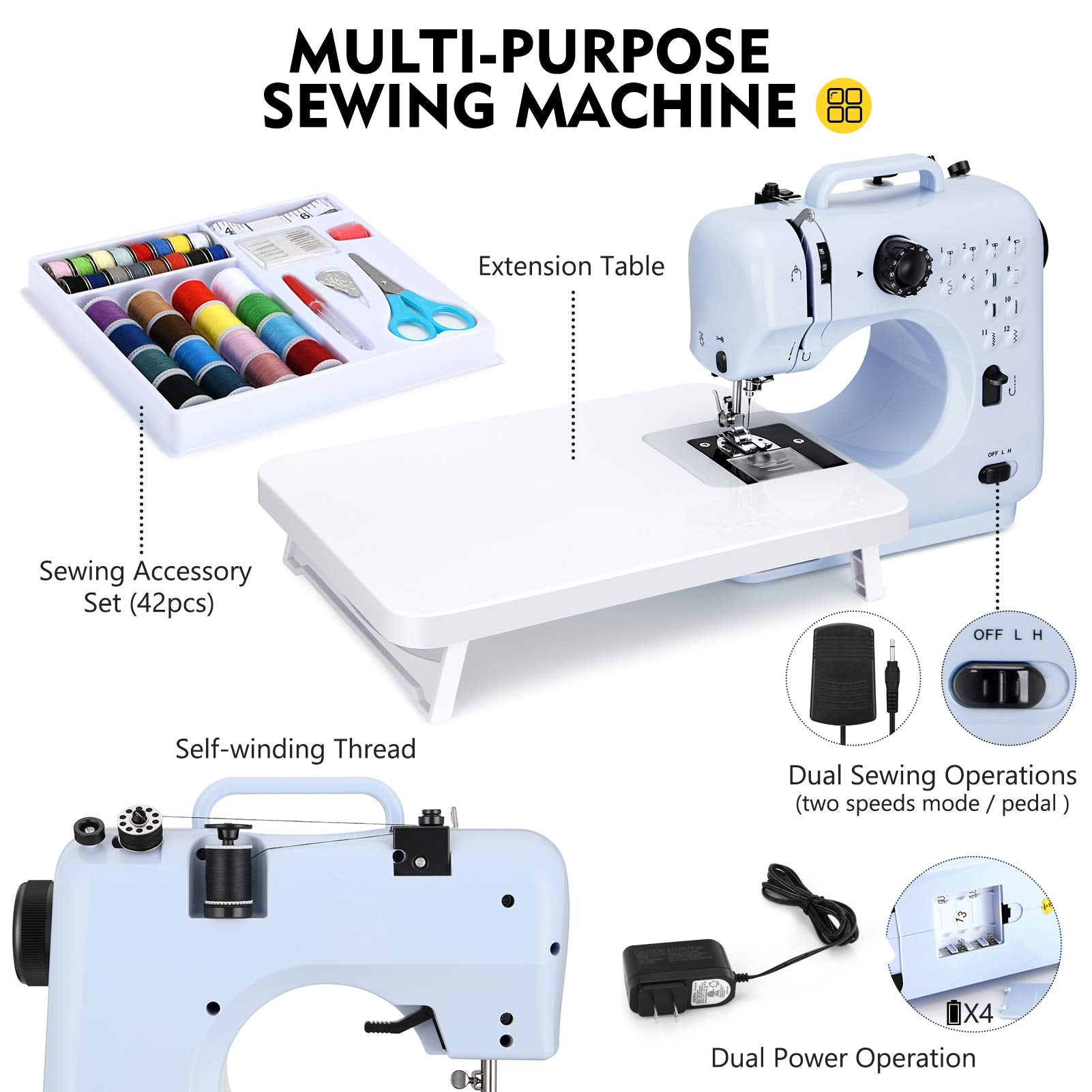  Magicfly Mini Sewing Machine with Extension Table, Dual Speed  Portable Sewing Machine for Beginners with Light, Sewing Kit for Household  Use, Blue