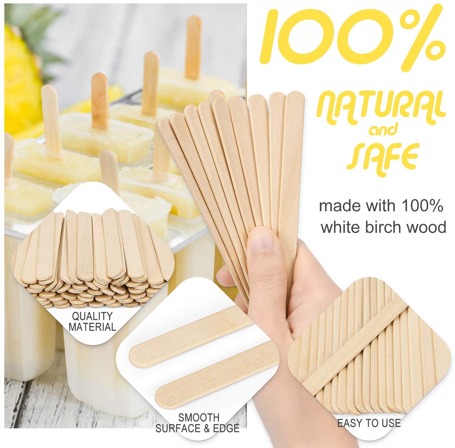Wooden Popsicle Sticks-1000Pcs, Food Grade Craft Sticks, 4-1/2 Inch - Magicfly
